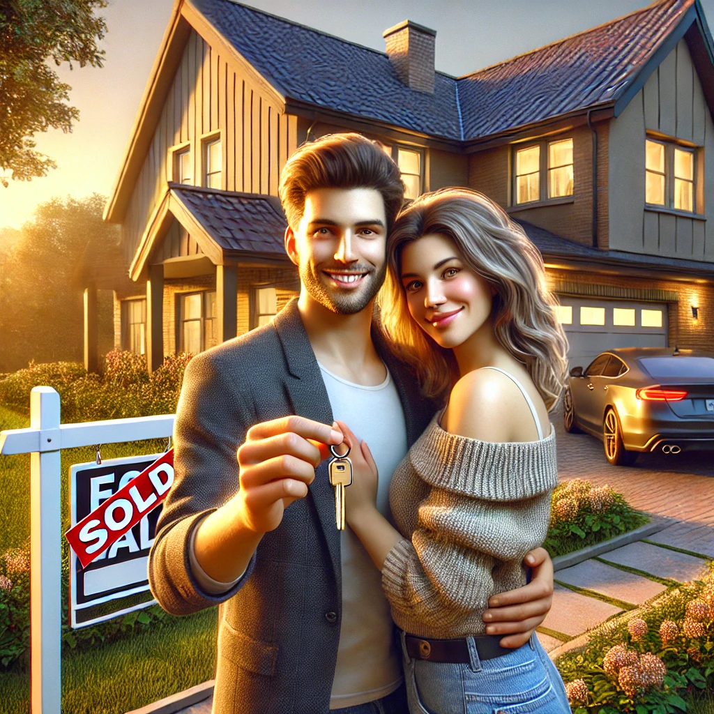 Tips for first-time buyers in 2025 - A young couple happily holding a set of keys in front of their new home, with a "Sold" sign in the background.