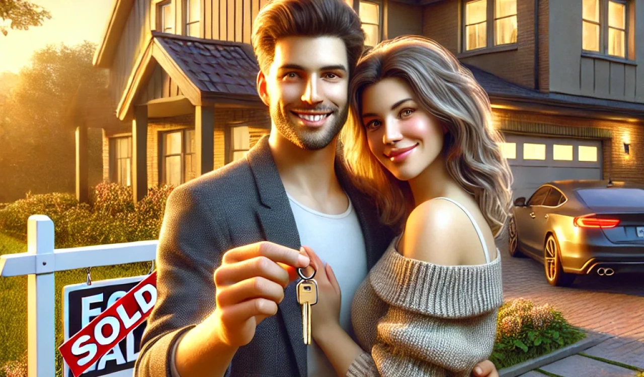 Tips for first-time buyers in 2025 - A young couple happily holding a set of keys in front of their new home, with a "Sold" sign in the background.